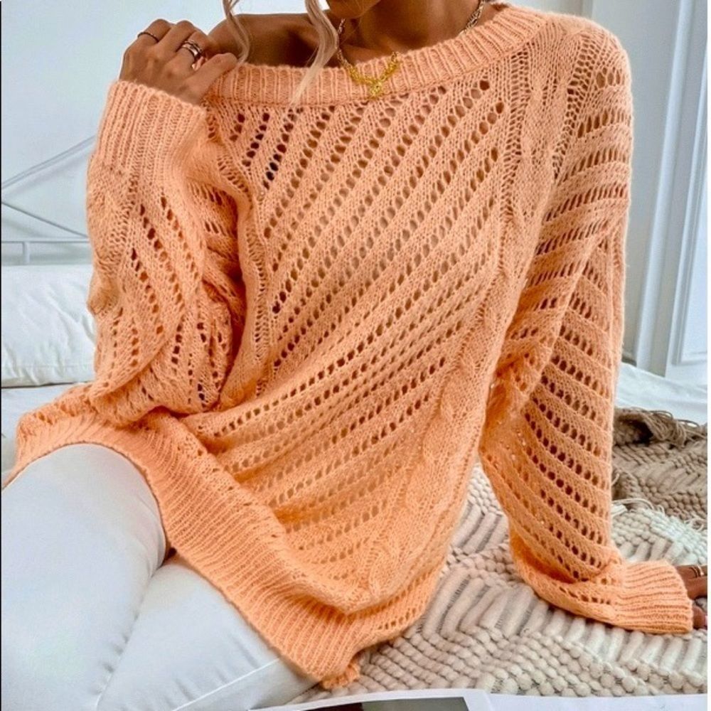 NWT! CABLE & POINTELLE KNIT DROP SHOULDER OVERSIZED SWEATER IN CORAL PINK!